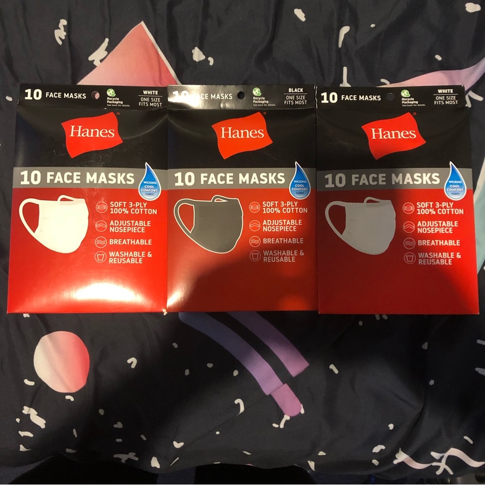 30 facemasks Hanes- 10 each reusable and washable.